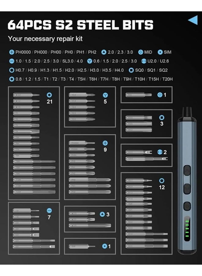 68-in-1 Mini Electric Screwdriver Set – 64 S2 Magnetic Bits, 5 Torque Levels, LED Display, Rechargeable Precision Repair Tool - Image 4