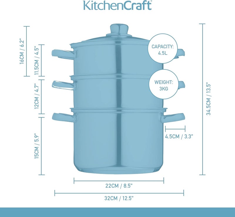 KitchenCraft Stainless Steel Three Tier 22cm Steamer - Image 2