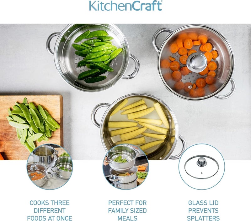 KitchenCraft Stainless Steel Three Tier 22cm Steamer - Image 4