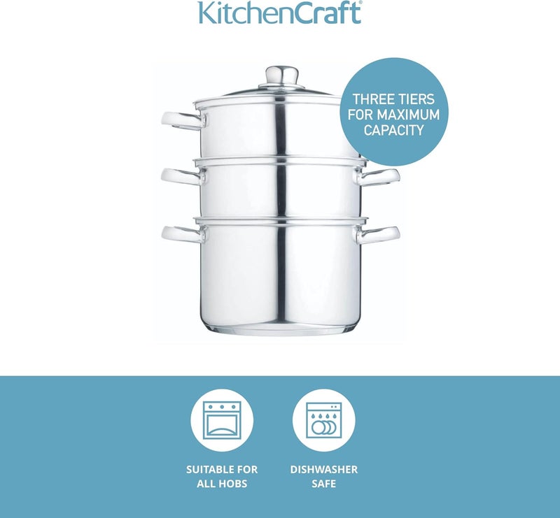 KitchenCraft Stainless Steel Three Tier 22cm Steamer - Image 3