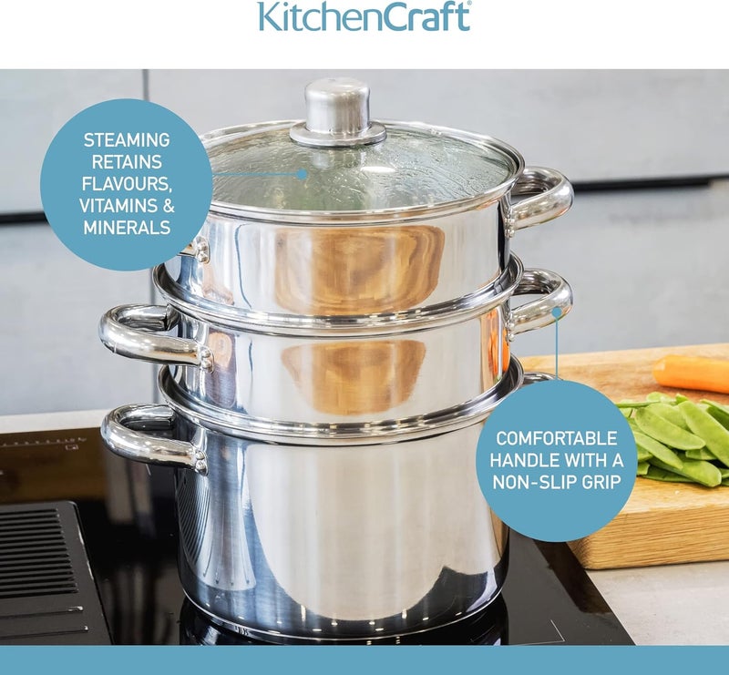 KitchenCraft Stainless Steel Three Tier 22cm Steamer - Image 5