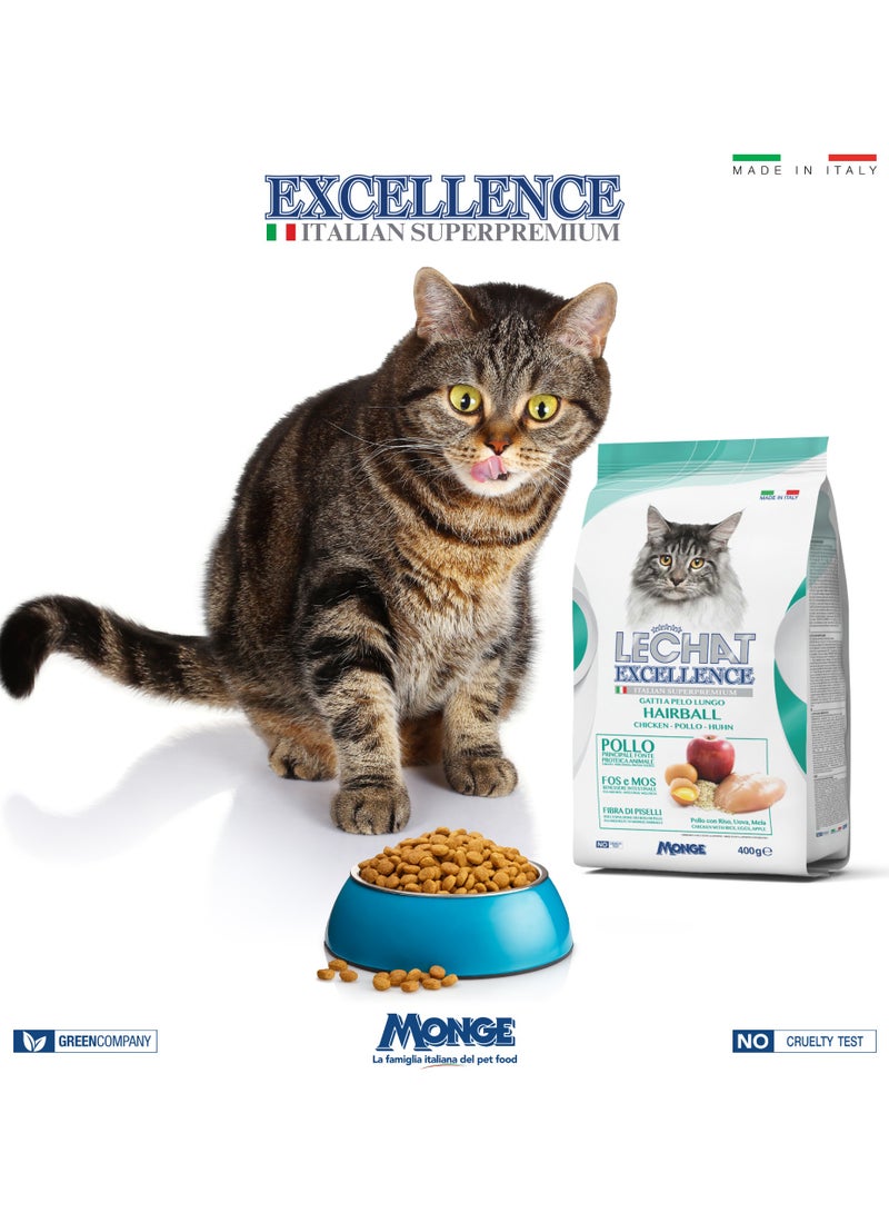 Monge Lechat Excellence by Monge | Hairball Control | Cat Dry Food with Chicken, Rice, Egg and Apple | Super Premium Complete Dry Cat Food - 400g - Image 2