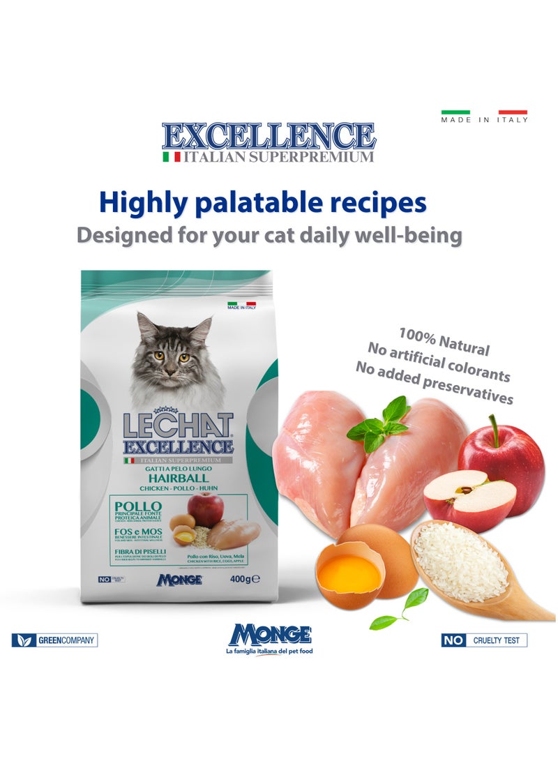 Monge Lechat Excellence by Monge | Hairball Control | Cat Dry Food with Chicken, Rice, Egg and Apple | Super Premium Complete Dry Cat Food - 400g - Image 3