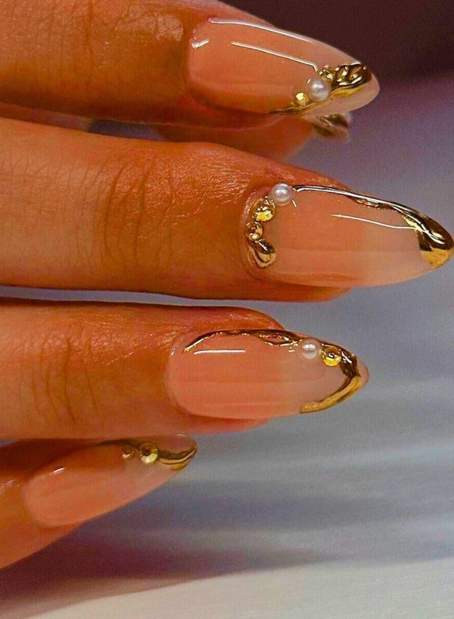 Chase Up 24Pcs Short Almond Press on Nails with French Tips and Gold Line Design, Elegant Glossy Acrylic Fake Nails, Full Cover Stick on False Nails for Women, Glue on Manicure Set for Daily and Party Wear - Image 2