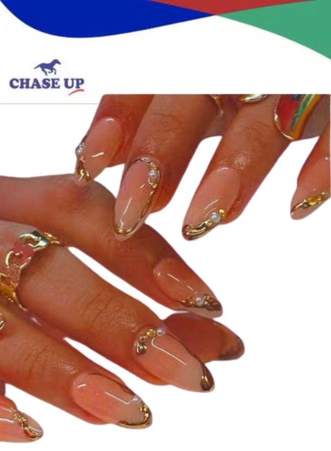 Chase Up 24Pcs Short Almond Press on Nails with French Tips and Gold Line Design, Elegant Glossy Acrylic Fake Nails, Full Cover Stick on False Nails for Women, Glue on Manicure Set for Daily and Party Wear - Image 1