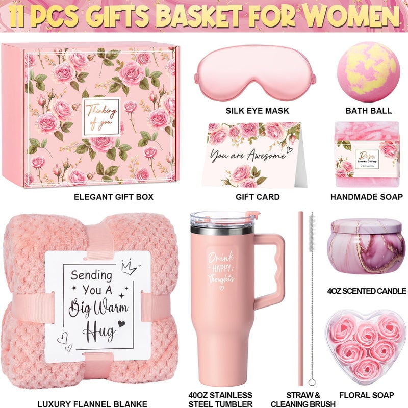 Qinline Birthday Gifts for Women Self Care Get Well Soon Gifts, Rose Relaxing Spa Gift Box Care Package Basket w/ Luxury Flannel Blanket 40 oz Tumbler, Mother's Day Gift for Mom Her Wife Girlfriend Sister - Image 2