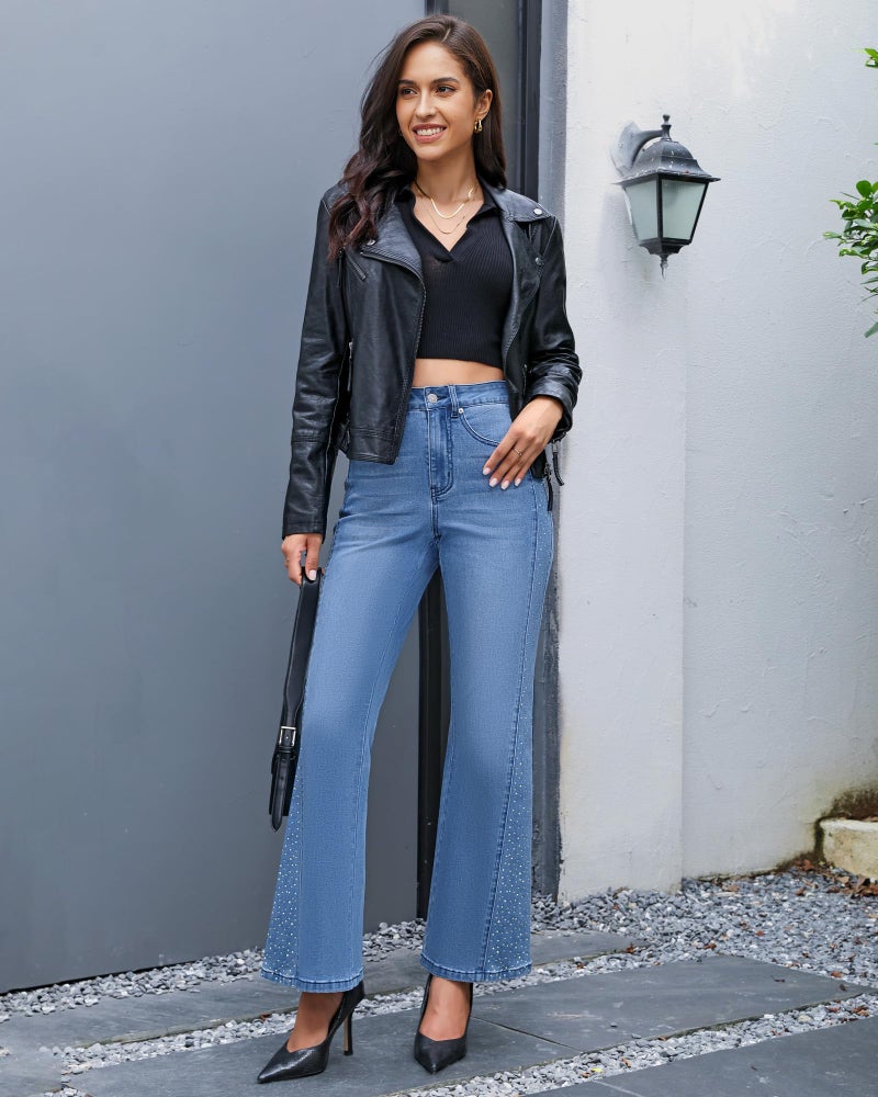 GRAPENT Cowgirl Jeans for Women Wide Leg Woman Trouser Fall Pants 2025 Distressed Concert Outfits Womens Medium Blue Flare Jeans, Medium Blue, L, US Size 12 to 14 - Image 5