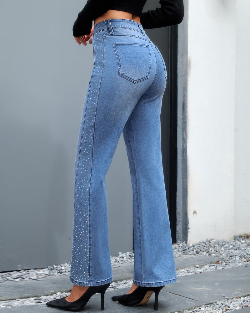 GRAPENT Cowgirl Jeans for Women Wide Leg Woman Trouser Fall Pants 2025 Distressed Concert Outfits Womens Medium Blue Flare Jeans, Medium Blue, L, US Size 12 to 14 - Image 3