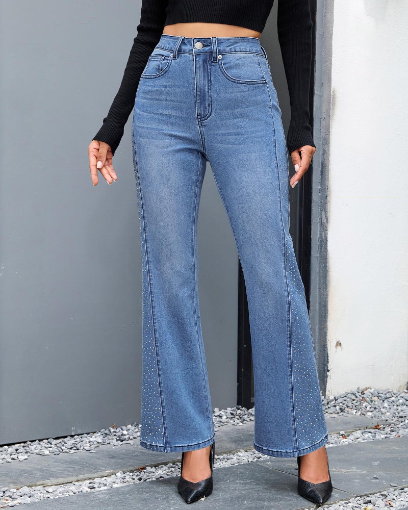 GRAPENT Cowgirl Jeans for Women Wide Leg Woman Trouser Fall Pants 2025 Distressed Concert Outfits Womens Medium Blue Flare Jeans, Medium Blue, L, US Size 12 to 14 - Image 2