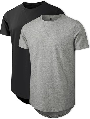 Comdecevis Mens Short Sleeve T-Shirts Crewneck Curved Hem Cotton Tees Hipster Hip Hop Longline Shirts Black/Gray XL 2 Pack - Image 1