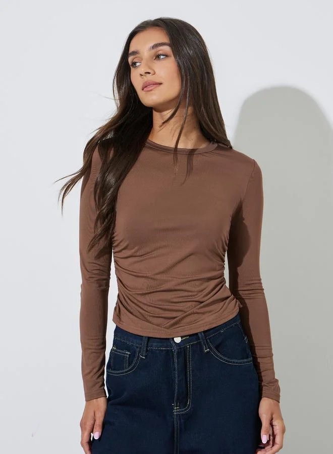 Styli  Pack of 2 - Multi-Color Solid Side Ruched Details Fitted T-Shirts for Women | Best Price UAE