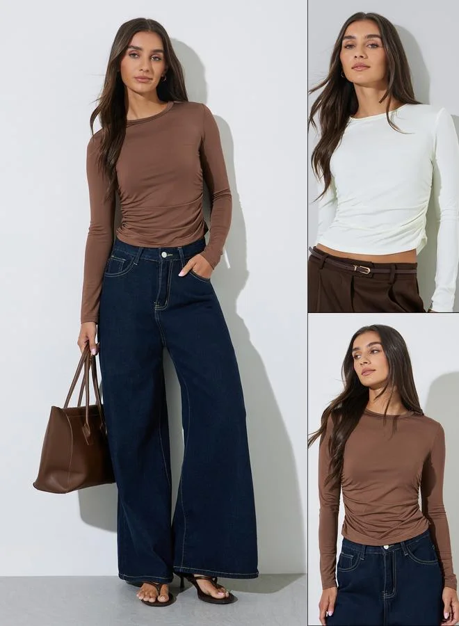 Styli  Pack of 2 - Multi-Color Solid Side Ruched Details Fitted T-Shirts for Women | Best Price UAE