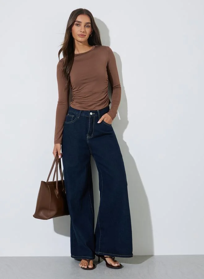 Styli  Pack of 2 - Multi-Color Solid Side Ruched Details Fitted T-Shirts for Women | Best Price UAE