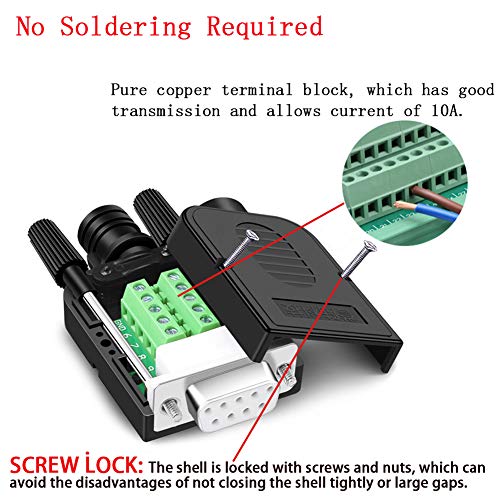 ANMBEST 2PCS DB9 Solderless Connector, RS232 D-SUB Serial to 9-Pin Port Terminal Female Adapter Connector Breakout Board with Locking Housing - Image 3