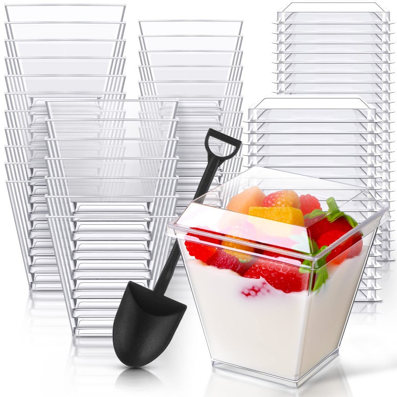 Cunhill 100 Pcs Square Dessert Cups with 100 Shovel Shape Dessert Spoon Clear Plastic Appetizer Cups with Lids Mini Parfait Shovel Spoon for Party Favors Desserts Appetizers Pudding Yogurt8 Oz