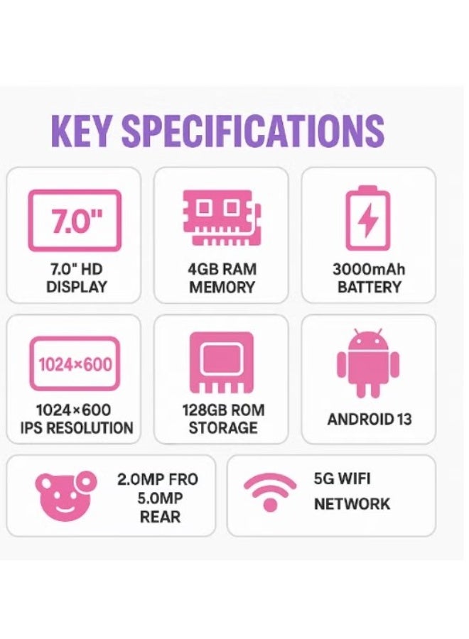 أوتيتو تابلت K3 للأطفال بشاشة HD مقاس 7 بوصات | 4 جيجابايت RAM + 128 جيجابايت ROM | أندرويد 13 | كاميرا مزدوجة (2 ميجابكسل + 5 ميجابكسل) - Image 4