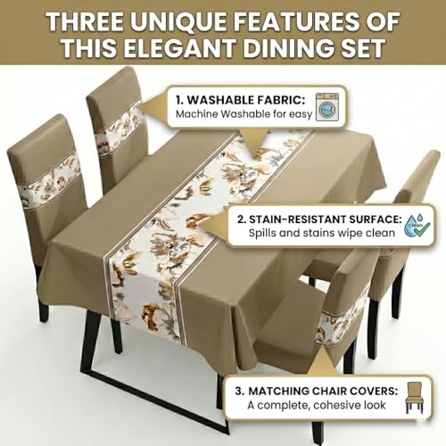 Styleys Dining Chair Cover with Table Covers for Kitchen Waterproof Dining Table Cloth (1 Table Cover + 4 Chair Cover, Light Brown Flower, K723) - Image 5
