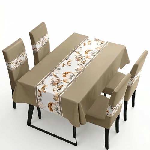 Styleys Dining Chair Cover with Table Covers for Kitchen Waterproof Dining Table Cloth (1 Table Cover + 4 Chair Cover, Light Brown Flower, K723) - Image 1