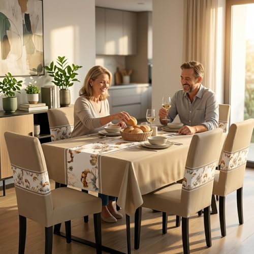 Styleys Dining Chair Cover with Table Covers for Kitchen Waterproof Dining Table Cloth (1 Table Cover + 4 Chair Cover, Light Brown Flower, K723) - Image 2