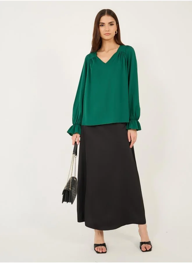 لوكس ويف Pleated V-Neck Ruffled Sleeve Top by Styli