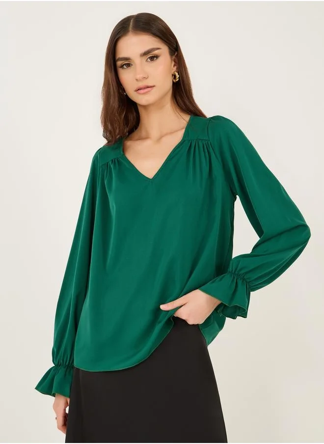 لوكس ويف Pleated V-Neck Ruffled Sleeve Top by Styli