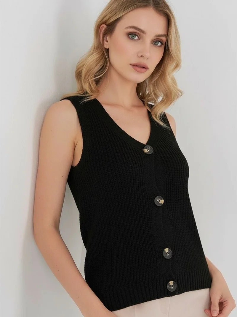 Big Dart Black BDART Textured V-neck Buttoned Waistcoat for Women | Best Price UAE
