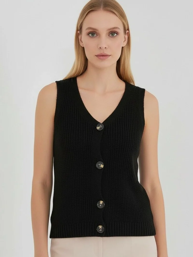 Big Dart Black BDART Textured V-neck Buttoned Waistcoat for Women | Best Price UAE