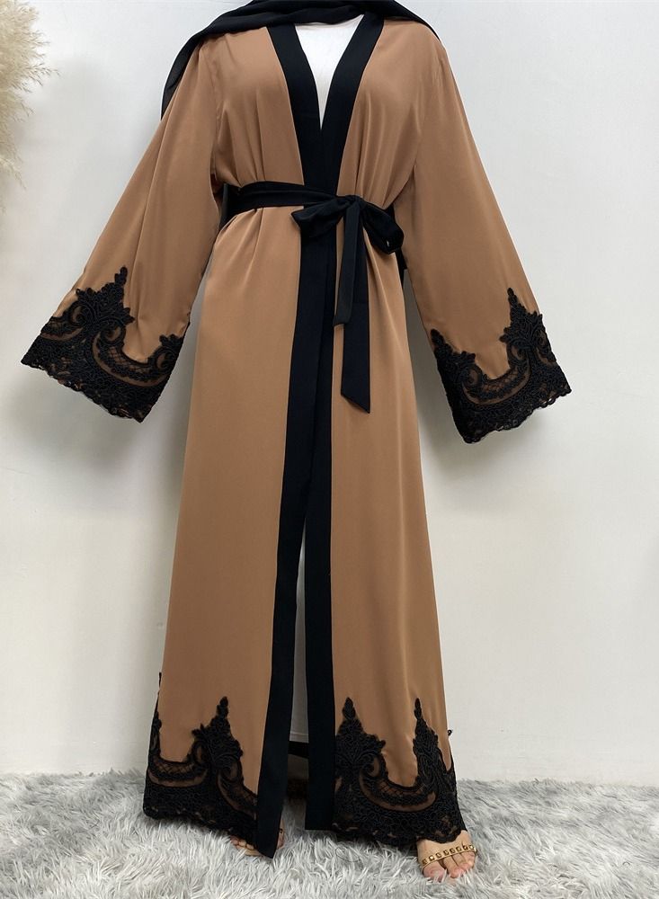 Loquat Embroidery Long Cardigan Dress Abaya Brown - Image 1