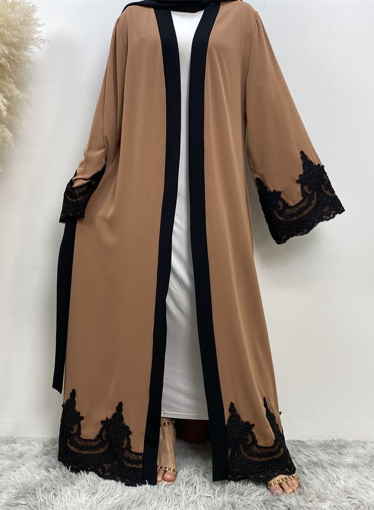 Loquat Embroidery Long Cardigan Dress Abaya Brown - Image 2