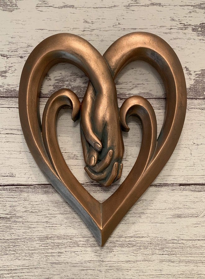 Top Brass Heart Holding Hands Wall Decor Decorative Art Sculpture - Copper Bronze Verdigris Finish - Forever Love - Image 3