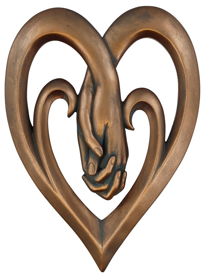 Top Brass Heart Holding Hands Wall Decor Decorative Art Sculpture - Copper Bronze Verdigris Finish - Forever Love - Image 1