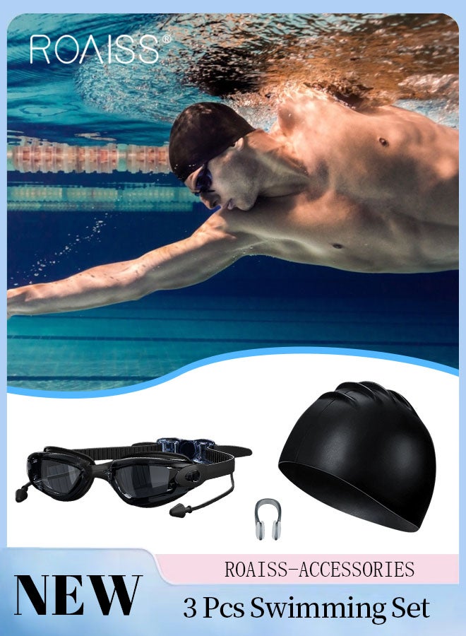 roaiss 3 Pcs Adult Swimming Goggle Set, HD Anti-Fog Waterproof Large-view Swimming Goggles, Indoor and Outdoor Swimming Accessories with Goggle, Swimming Cap, Nose Clip Diving Swimming Special Equipment  - Image 1