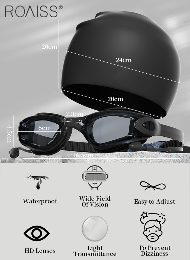 roaiss 3 Pcs Adult Swimming Goggle Set, HD Anti-Fog Waterproof Large-view Swimming Goggles, Indoor and Outdoor Swimming Accessories with Goggle, Swimming Cap, Nose Clip Diving Swimming Special Equipment  - Image 2