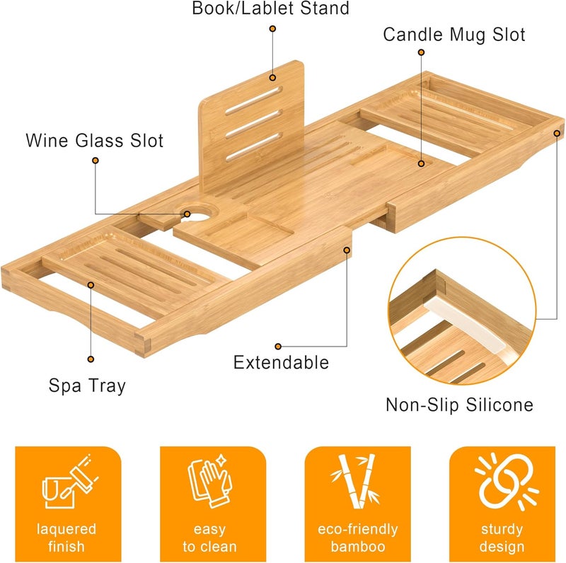 promitop Bathtub Tray Caddy,Premium Bamboo Expandable Bath Tub Trays Table, Foldable Bathroom Accessories,Great House Warming, Anniversary and Birthday Gifts,Natural - Image 5