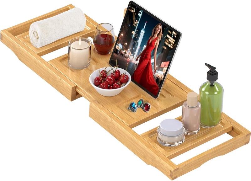 promitop Bathtub Tray Caddy,Premium Bamboo Expandable Bath Tub Trays Table, Foldable Bathroom Accessories,Great House Warming, Anniversary and Birthday Gifts,Natural - Image 1