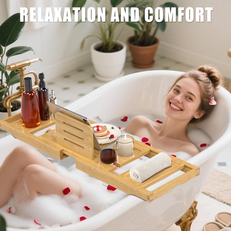 promitop Bathtub Tray Caddy,Premium Bamboo Expandable Bath Tub Trays Table, Foldable Bathroom Accessories,Great House Warming, Anniversary and Birthday Gifts,Natural - Image 4
