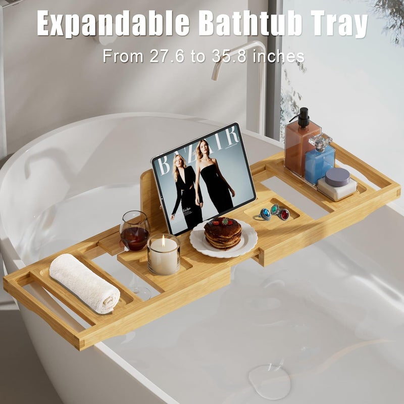 promitop Bathtub Tray Caddy,Premium Bamboo Expandable Bath Tub Trays Table, Foldable Bathroom Accessories,Great House Warming, Anniversary and Birthday Gifts,Natural - Image 2