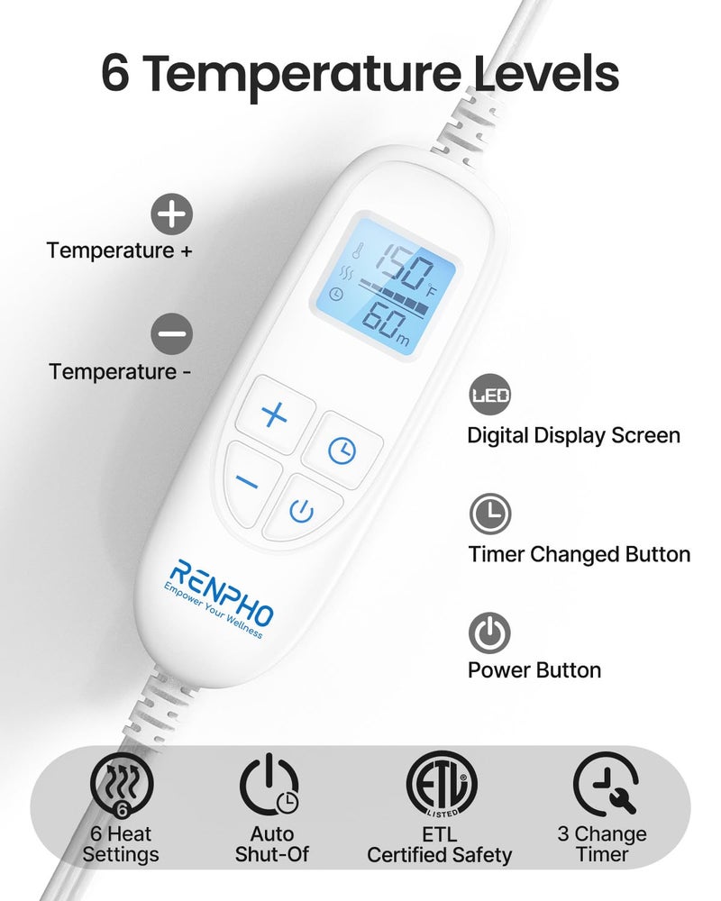 RENPHO Electric Heating Pad for Back, Valentines Day Gifts for Her Him, Birthday Gifts for Women Men Mom, FSA Eligible HSA Approved, Large Heat Pad for Neck Shoulders, 24"x33", ETL Certified, Gray - Image 3