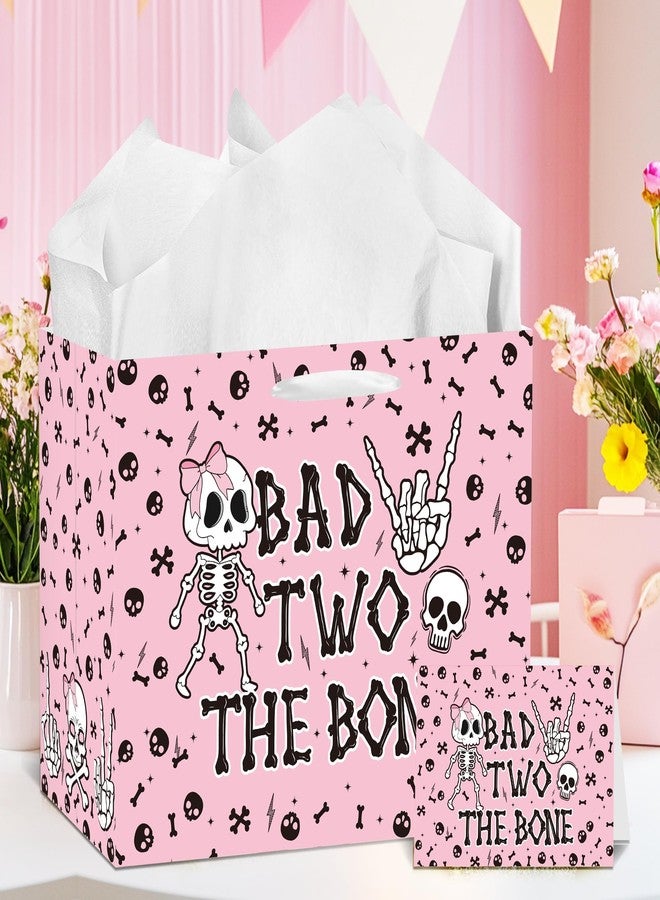 EoBeCy Bad Two The Bone Birthday Gift Bag with Handles, Tissue Paper and Greeting Card, Rock and Roll 2nd Birthday Wrapping Paper for Girls Music Themed Bad 2 The Bone Party Decorations Favors - Image 5