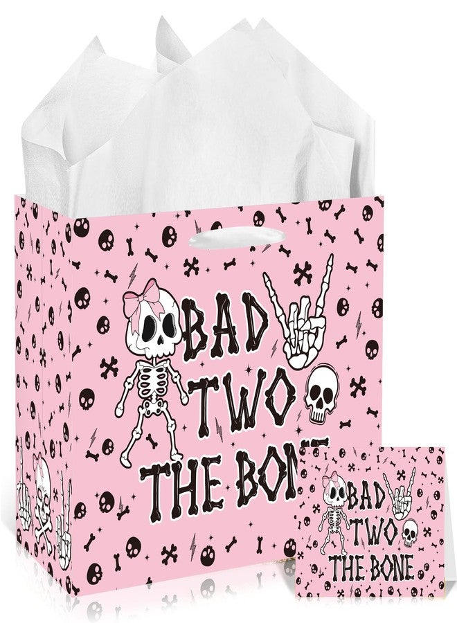 EoBeCy Bad Two The Bone Birthday Gift Bag with Handles, Tissue Paper and Greeting Card, Rock and Roll 2nd Birthday Wrapping Paper for Girls Music Themed Bad 2 The Bone Party Decorations Favors - Image 1