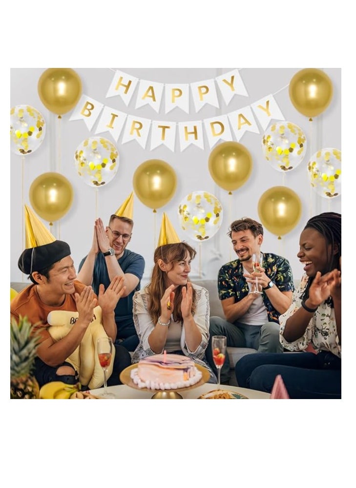 Generic - Happy Birthday Banners White Gold Birthday Banner Bunting + 12pcs 12” Latex Balloons Women’s Birthday Decorations Supplies for Girls - Image 1