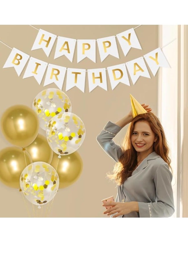 Generic - Happy Birthday Banners White Gold Birthday Banner Bunting + 12pcs 12” Latex Balloons Women’s Birthday Decorations Supplies for Girls - Image 1