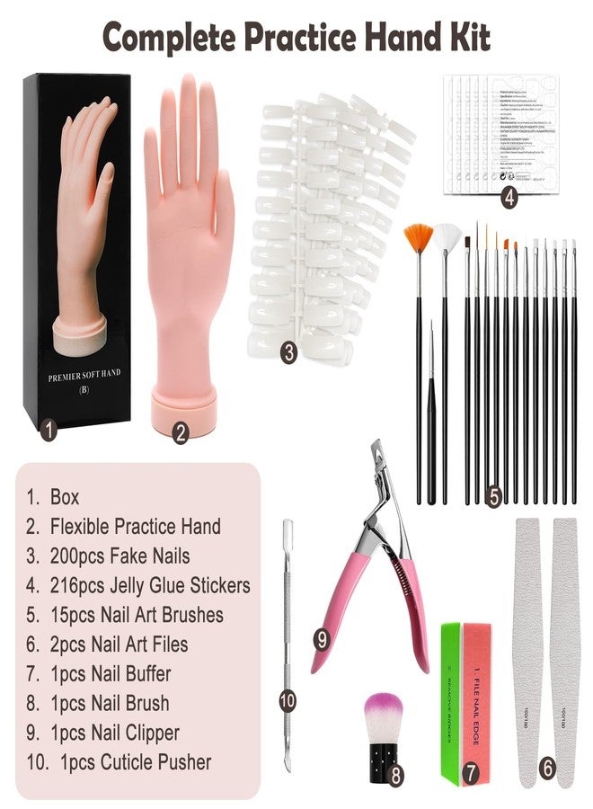 Coitak Practice Hand for Acrylic Nails, Flexible Fake Hands, Manicure Training Hand Nail Kit for Beginners, Nail Practice Hand with 200PCS Nail Tips, Nail Glue Stickers, Brush and Clipper - Image 2