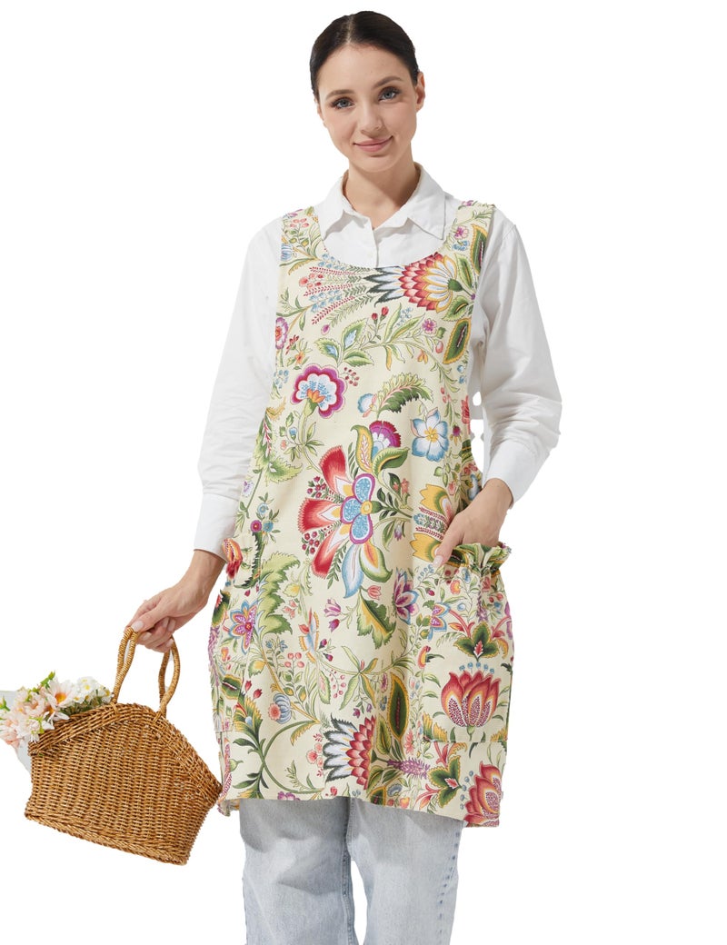APRONNER Cozy Adjustable Cross Back Aprons for Women with Pockets Cotton Linen Cooking Kitchen Baking Yellow Flowers