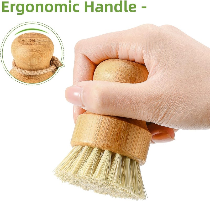 SUBEKYU Bamboo Dish Scrub Brushes, Kitchen Wooden Cleaning Scrubbers Set for Washing Cast Iron Pan/Pot, Natural Sisal Bristles, Set of 2 - Image 4