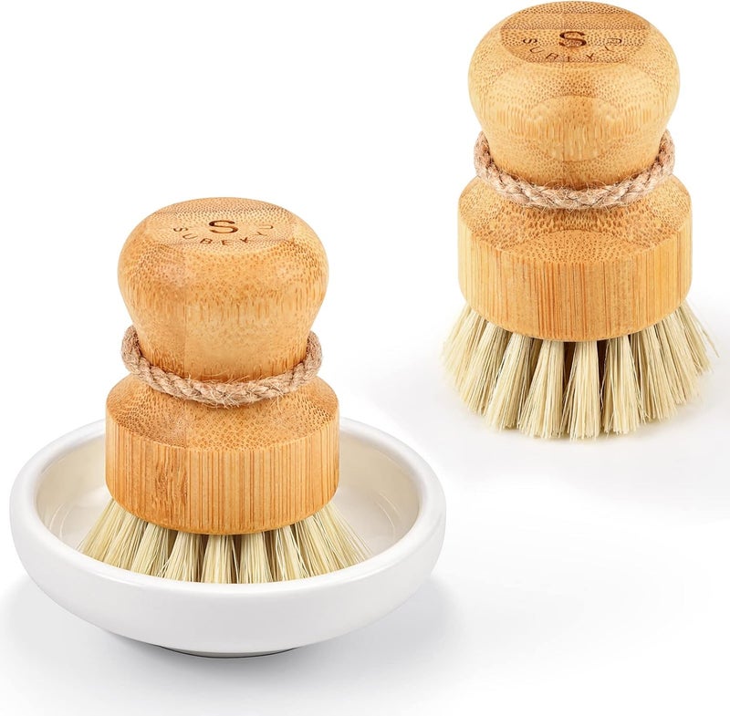 SUBEKYU Bamboo Dish Scrub Brushes, Kitchen Wooden Cleaning Scrubbers Set for Washing Cast Iron Pan/Pot, Natural Sisal Bristles, Set of 2 - Image 1