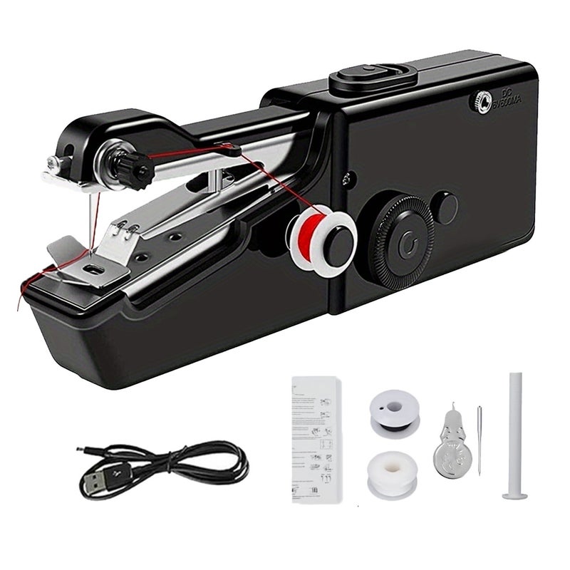 Handheld Sewing Machine: Black, Cordless Battery Operated, Compact Lightweight Design - Easy To Use Mini Sewing Machine for Quick Fabric Fixes, Home On-the-Go Use - Image 1