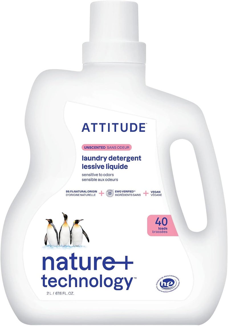 ATTITUDE Liquid Laundry Detergent, EWG Verified Laundry Soap, HE Compatible, Vegan and Plant Based Products, Cruelty-Free, Unscented, 40 Loads, 67.6 Fl Oz - Image 1