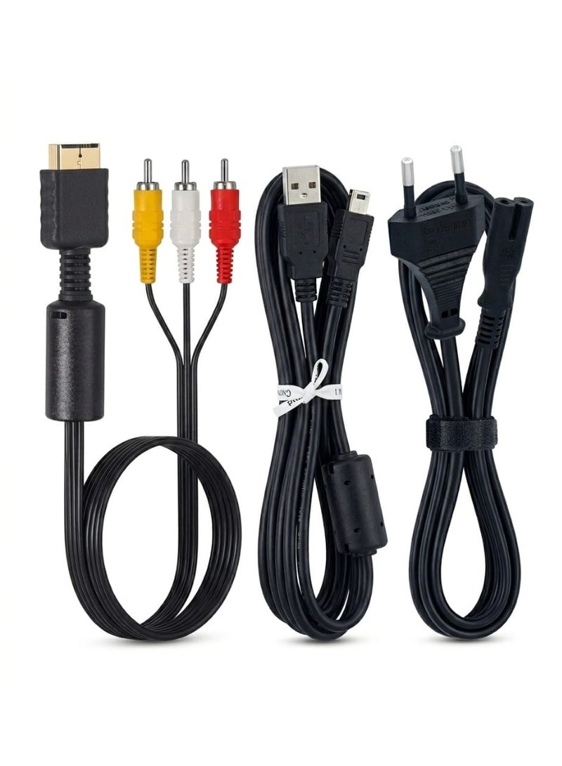 طقم كابلات 3 في 1 لجهاز بلايستيشن 3 - يشمل كابل AV للتلفزيون، كابل شحن ذراع التحكم Mini USB، وكابل باور ثنائي - أسود - Image 1