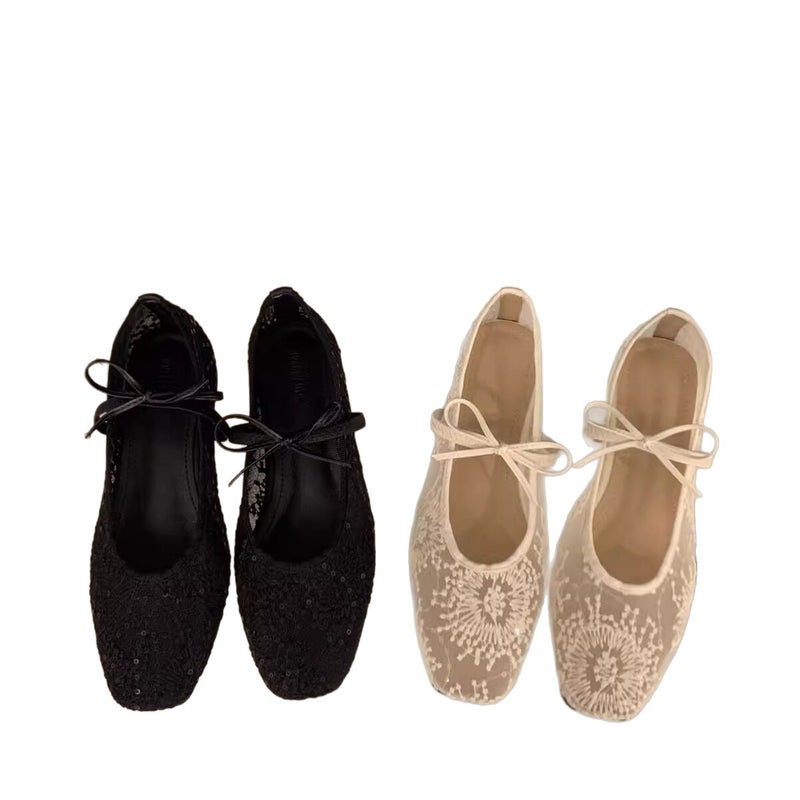 Women's Breathable Mesh Embroidery Square Toe Ballet Flats - Image 5